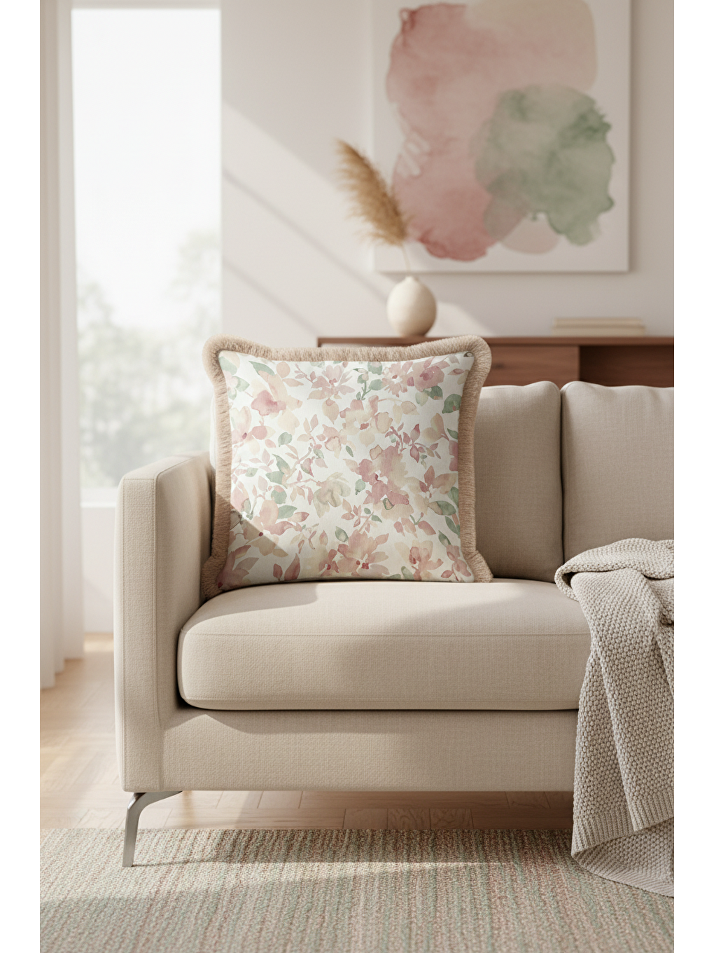 Karışık Pastel Çiçek Bahçesi Saçaklı Yastık Kılıfı - Romantik Vintage Pudra Bej Püsküllü Kırlent Kılıfı-4