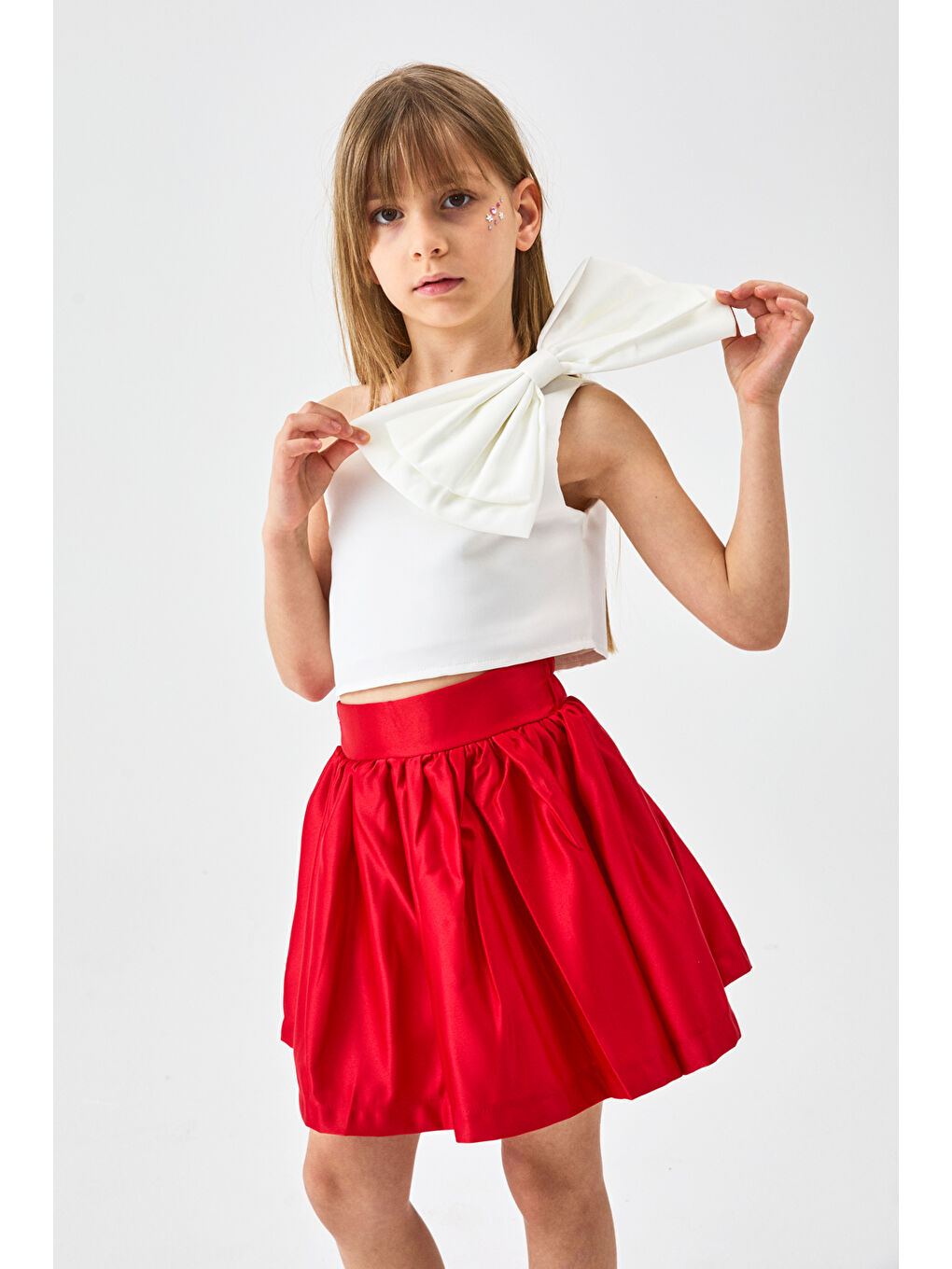 Kırmızı Tek Omuzlu Fiyonk Detaylı Etek Crop Kız Çocuk İkili Takım - Luisa-1