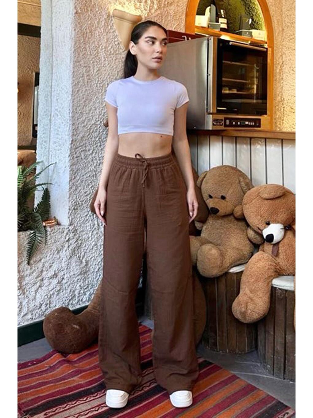 Kahverengi Bol Paça Müslin Kadın Pantolon Mg1980