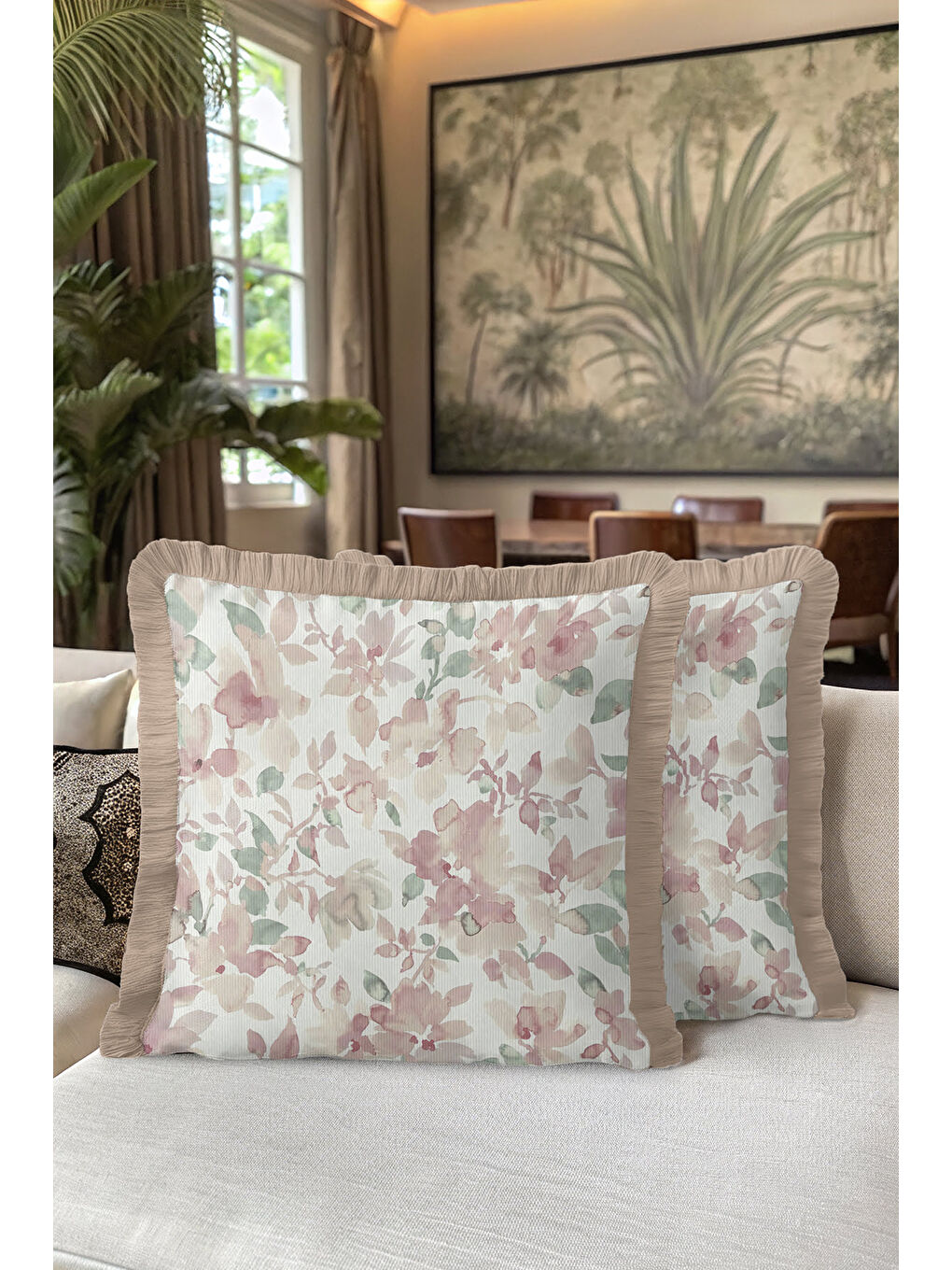 Karışık Pastel Çiçek Bahçesi Saçaklı Yastık Kılıfı - Romantik Vintage Pudra Bej Püsküllü Kırlent Kılıfı-5