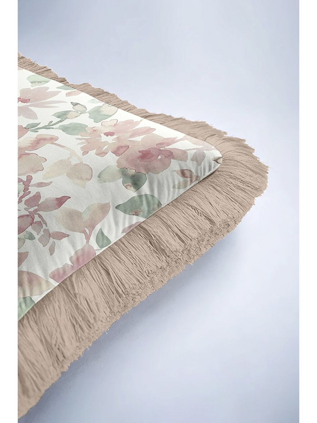 Karışık Pastel Çiçek Bahçesi Saçaklı Yastık Kılıfı - Romantik Vintage Pudra Bej Püsküllü Kırlent Kılıfı-6