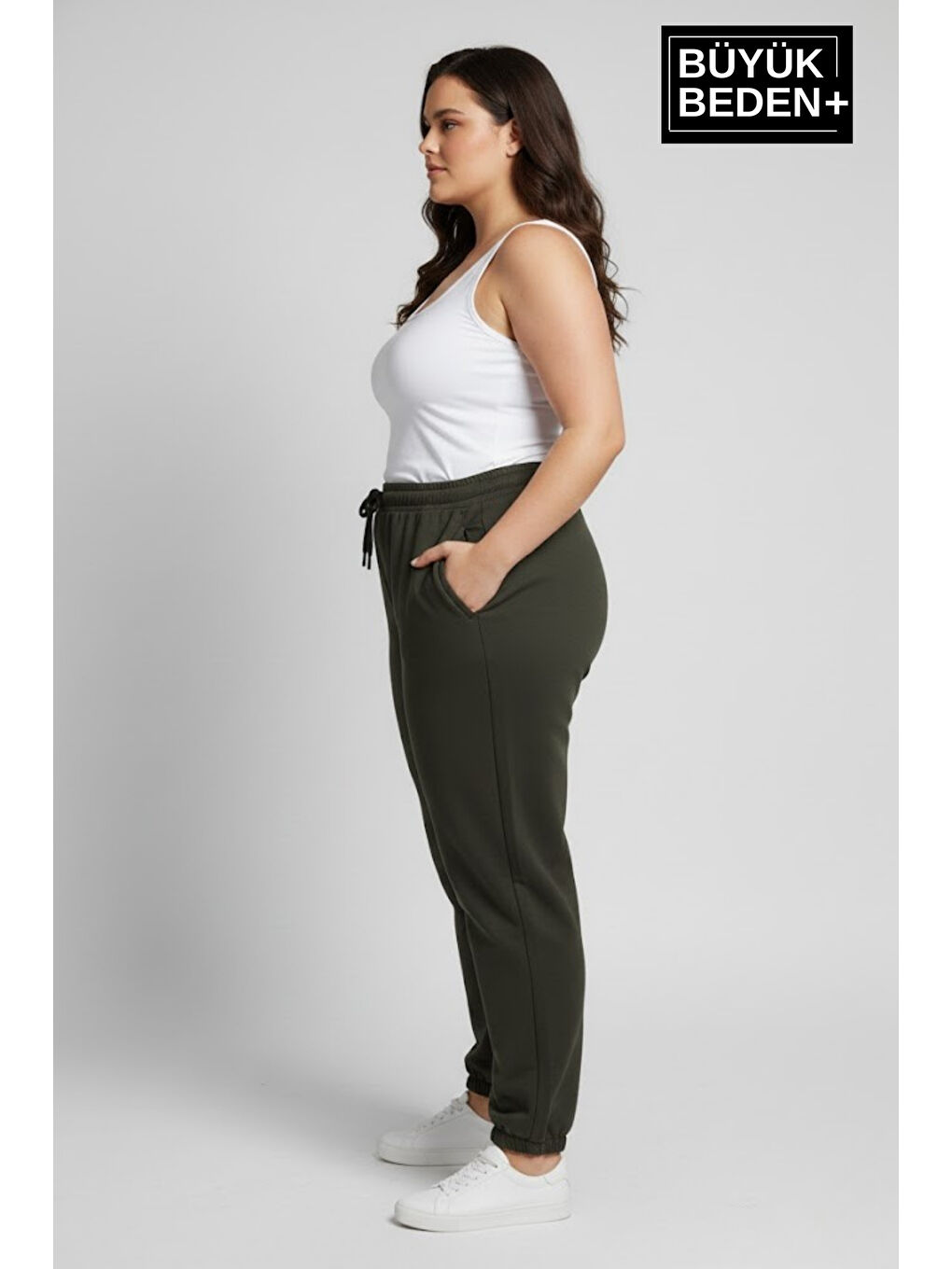 Haki Kadın Büyük Beden Paça Lastikli İki İplik Rahat Kalıp ince Eşofman Altı SPR26BEAK951-1