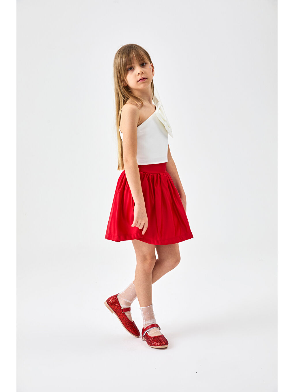Kırmızı Tek Omuzlu Fiyonk Detaylı Etek Crop Kız Çocuk İkili Takım - Luisa-2