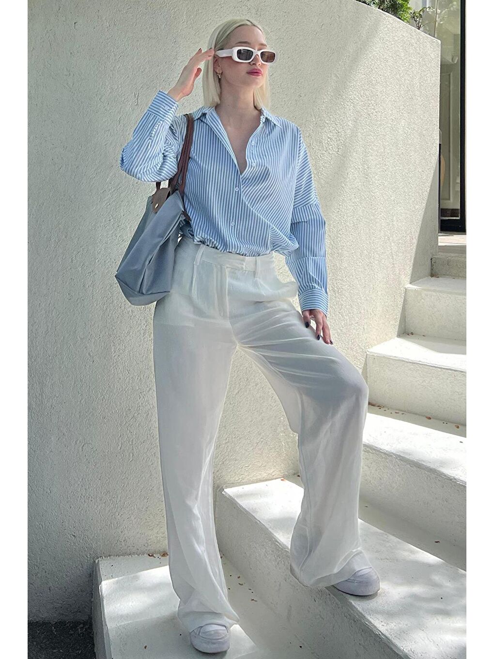 Ekru Kemerli Bol Paça Pantolon