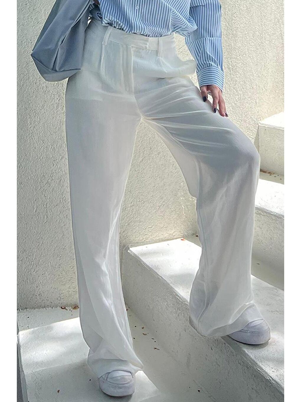 Ekru Kemerli Bol Paça Pantolon-1