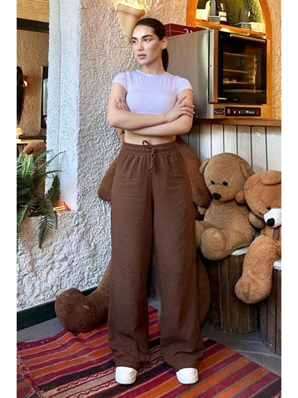 Kahverengi Bol Paça Müslin Kadın Pantolon Mg1980-3