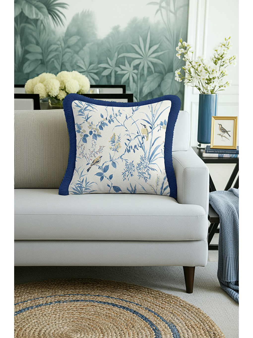 Karışık Chinoiserie Kuşlu Saçaklı Yastık Kılıfı - Ege Botanik Country Mavi Kenarlı Püsküllü Kırlent Kılıfı