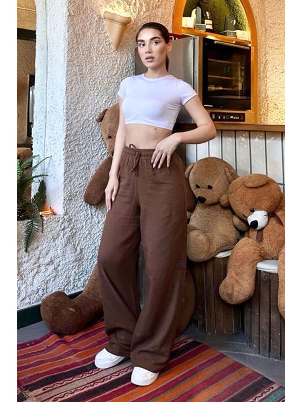 Kahverengi Bol Paça Müslin Kadın Pantolon Mg1980-5