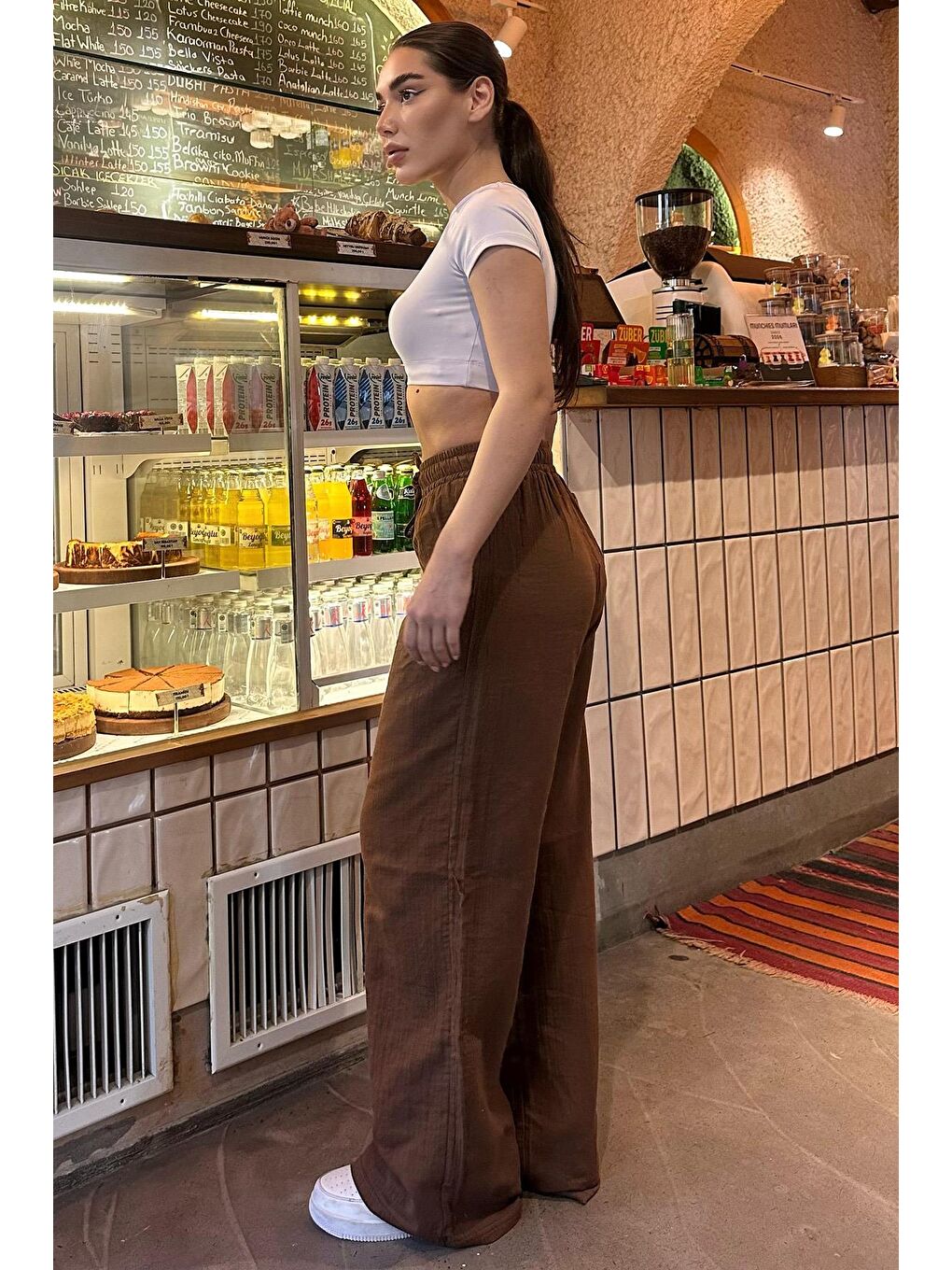 Kahverengi Bol Paça Müslin Kadın Pantolon Mg1980-6