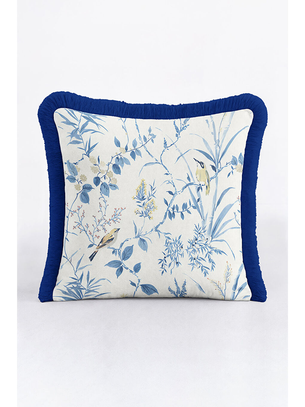 Karışık Chinoiserie Kuşlu Saçaklı Yastık Kılıfı - Ege Botanik Country Mavi Kenarlı Püsküllü Kırlent Kılıfı-1