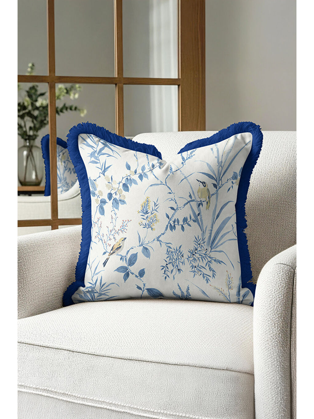Karışık Chinoiserie Kuşlu Saçaklı Yastık Kılıfı - Ege Botanik Country Mavi Kenarlı Püsküllü Kırlent Kılıfı-2