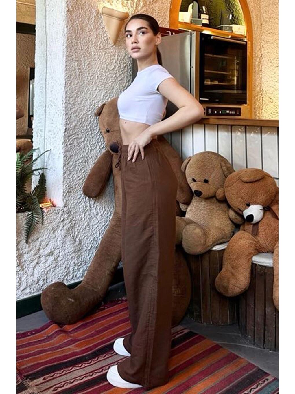 Kahverengi Bol Paça Müslin Kadın Pantolon Mg1980-7