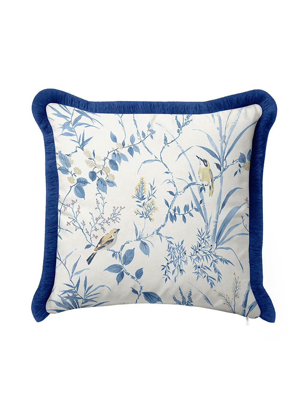 Karışık Chinoiserie Kuşlu Saçaklı Yastık Kılıfı - Ege Botanik Country Mavi Kenarlı Püsküllü Kırlent Kılıfı-3