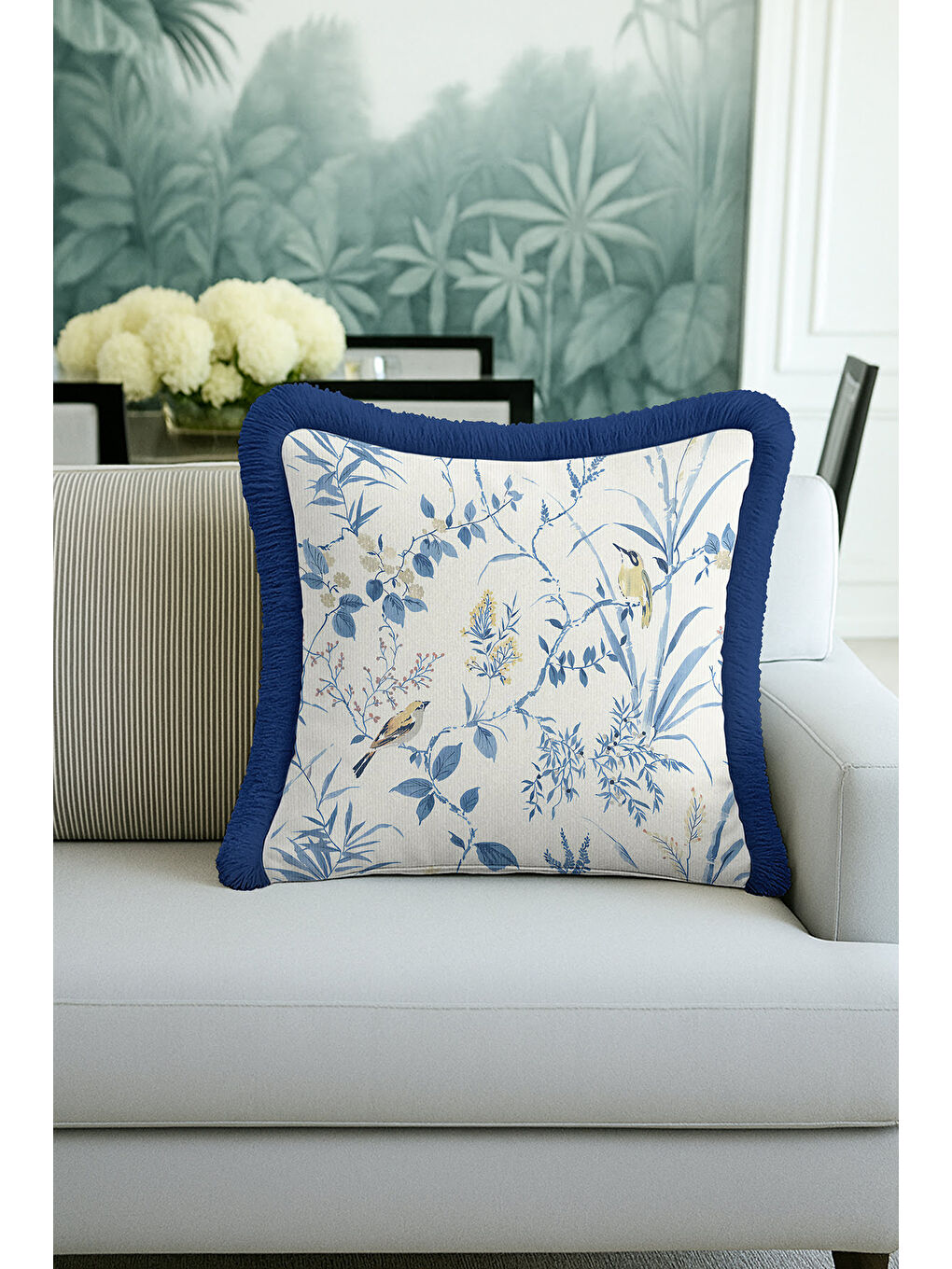 Karışık Chinoiserie Kuşlu Saçaklı Yastık Kılıfı - Ege Botanik Country Mavi Kenarlı Püsküllü Kırlent Kılıfı-4