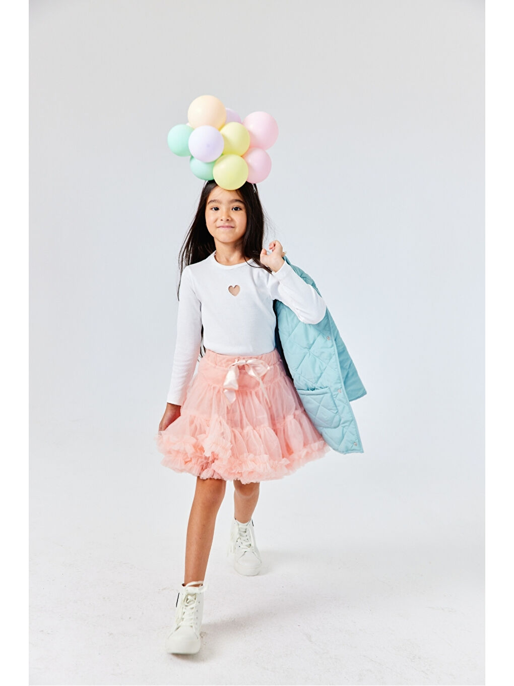 Ekru Kalp Nakışlı Fitilli Kız Çocuk Tişört-1