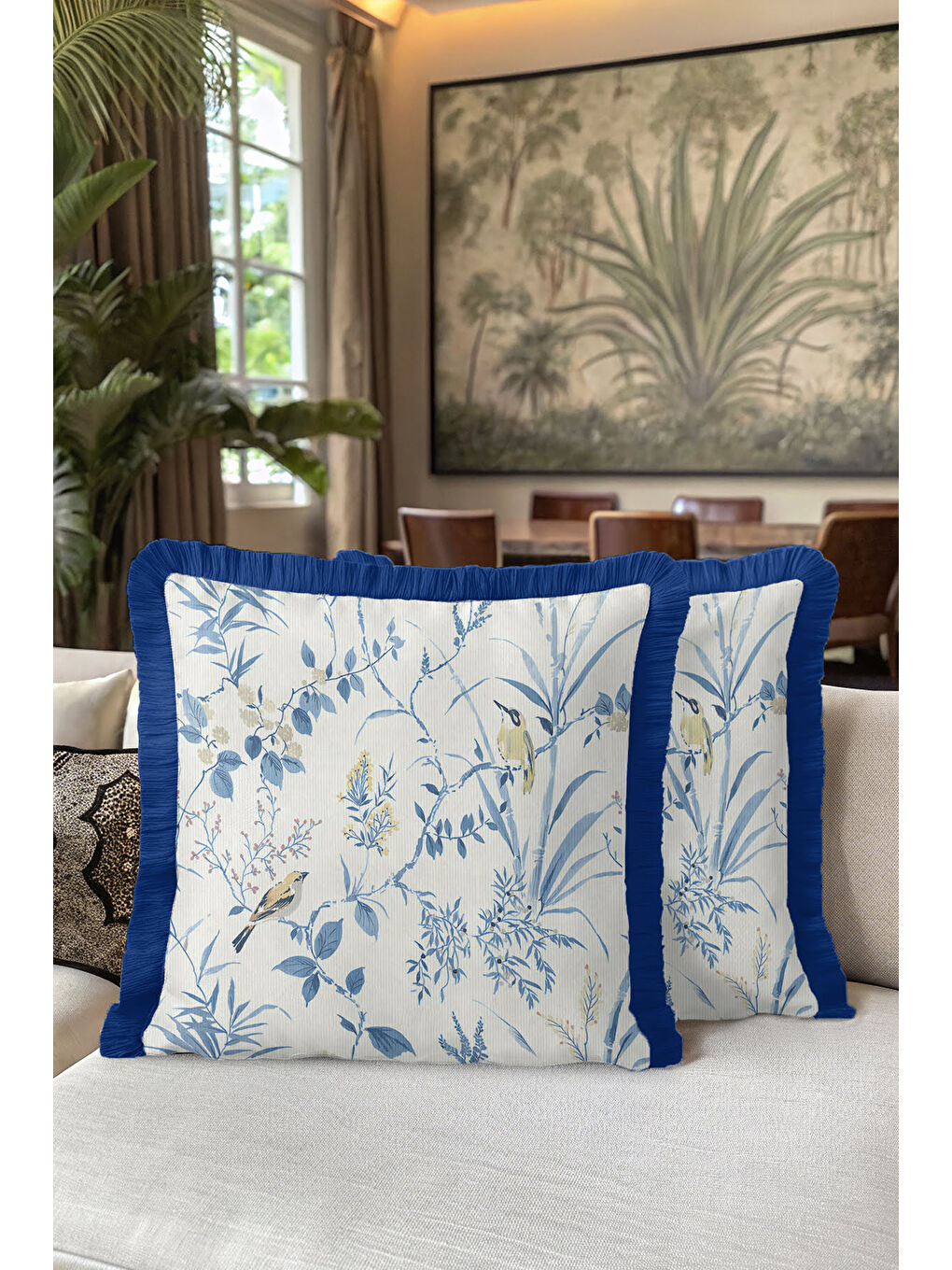 Karışık Chinoiserie Kuşlu Saçaklı Yastık Kılıfı - Ege Botanik Country Mavi Kenarlı Püsküllü Kırlent Kılıfı-5
