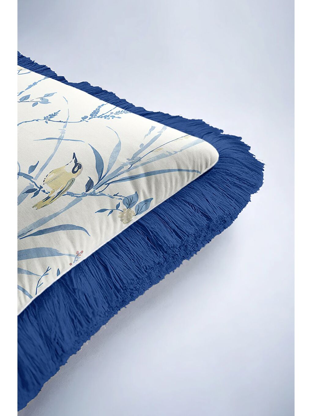 Karışık Chinoiserie Kuşlu Saçaklı Yastık Kılıfı - Ege Botanik Country Mavi Kenarlı Püsküllü Kırlent Kılıfı-6