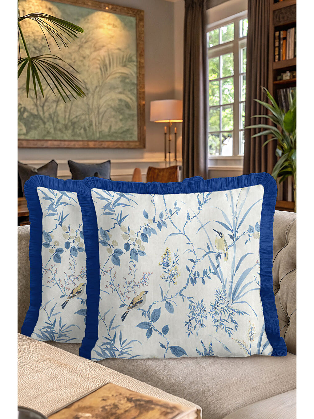 Karışık Chinoiserie Kuşlu Saçaklı Yastık Kılıfı - Ege Botanik Country Mavi Kenarlı Püsküllü Kırlent Kılıfı-7
