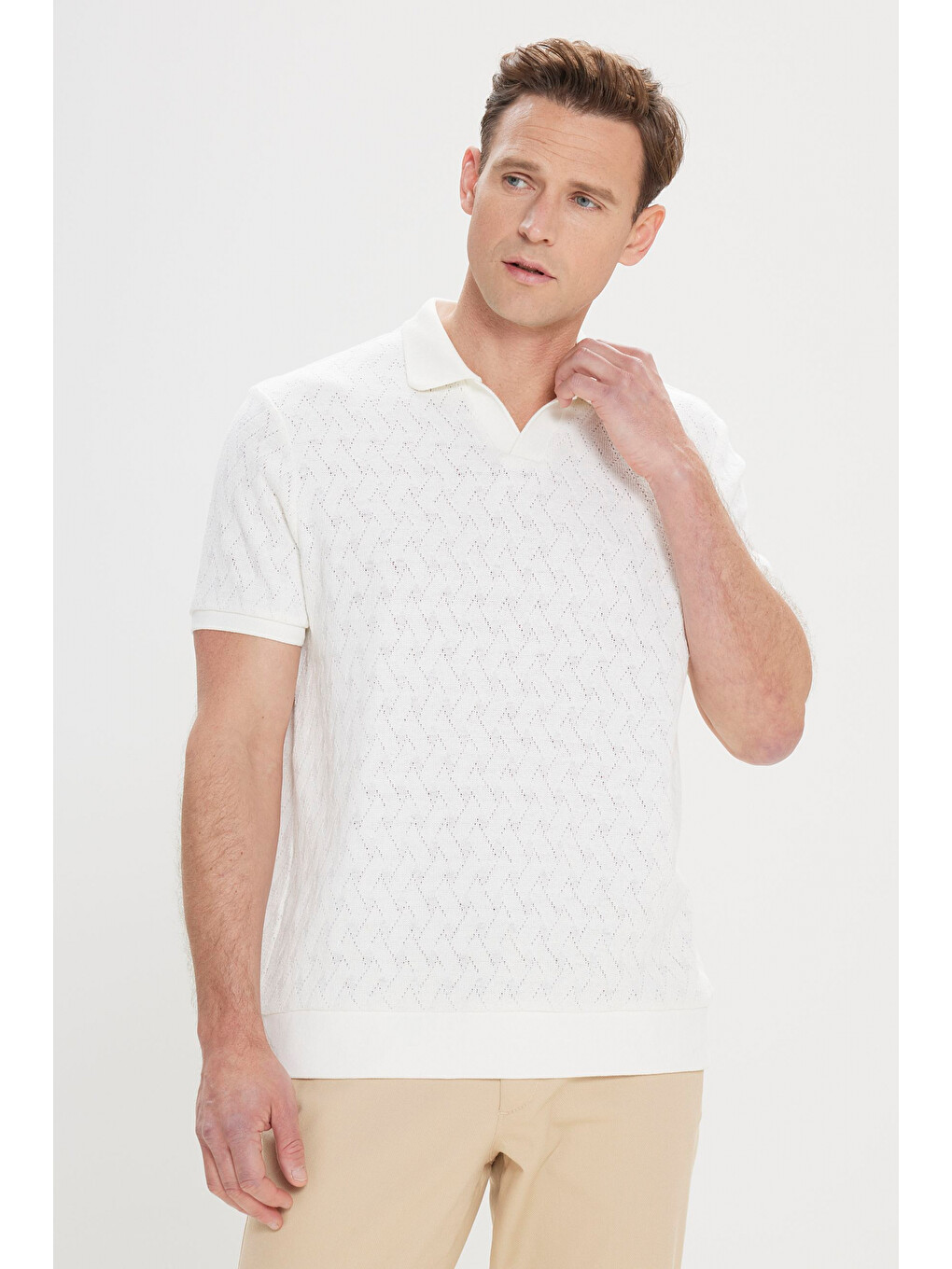 Erkek Ekru Comfort Fit Rahat Kesim Pamuklu Baklava Desenli Polo Yaka Tişört