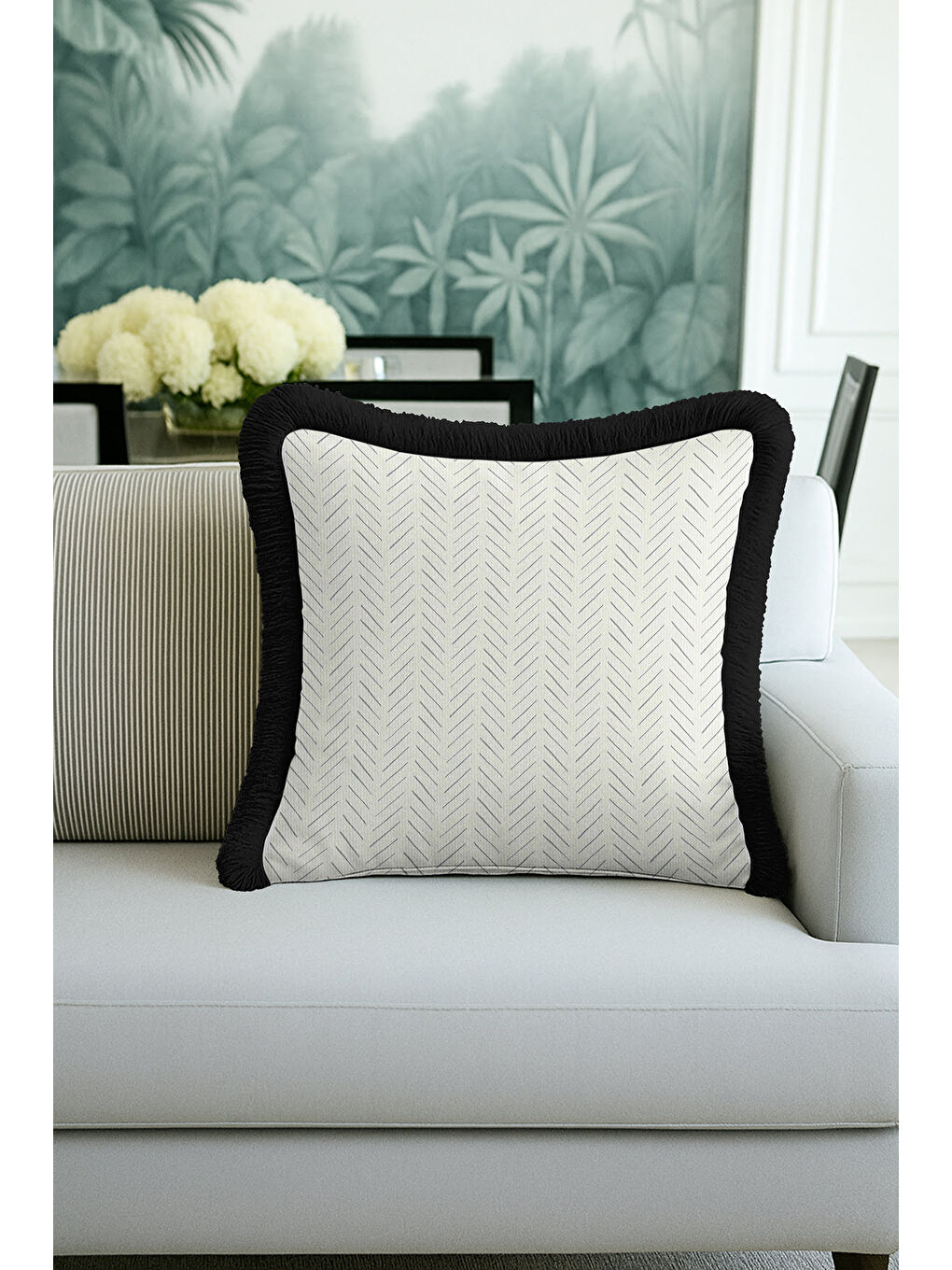 Karışık Zikzak Modern Saçaklı Yastık Kılıfı - Siyah Kenar Çizgili Monokrom Bohem Püsküllü Kırlent Kılıfı-1