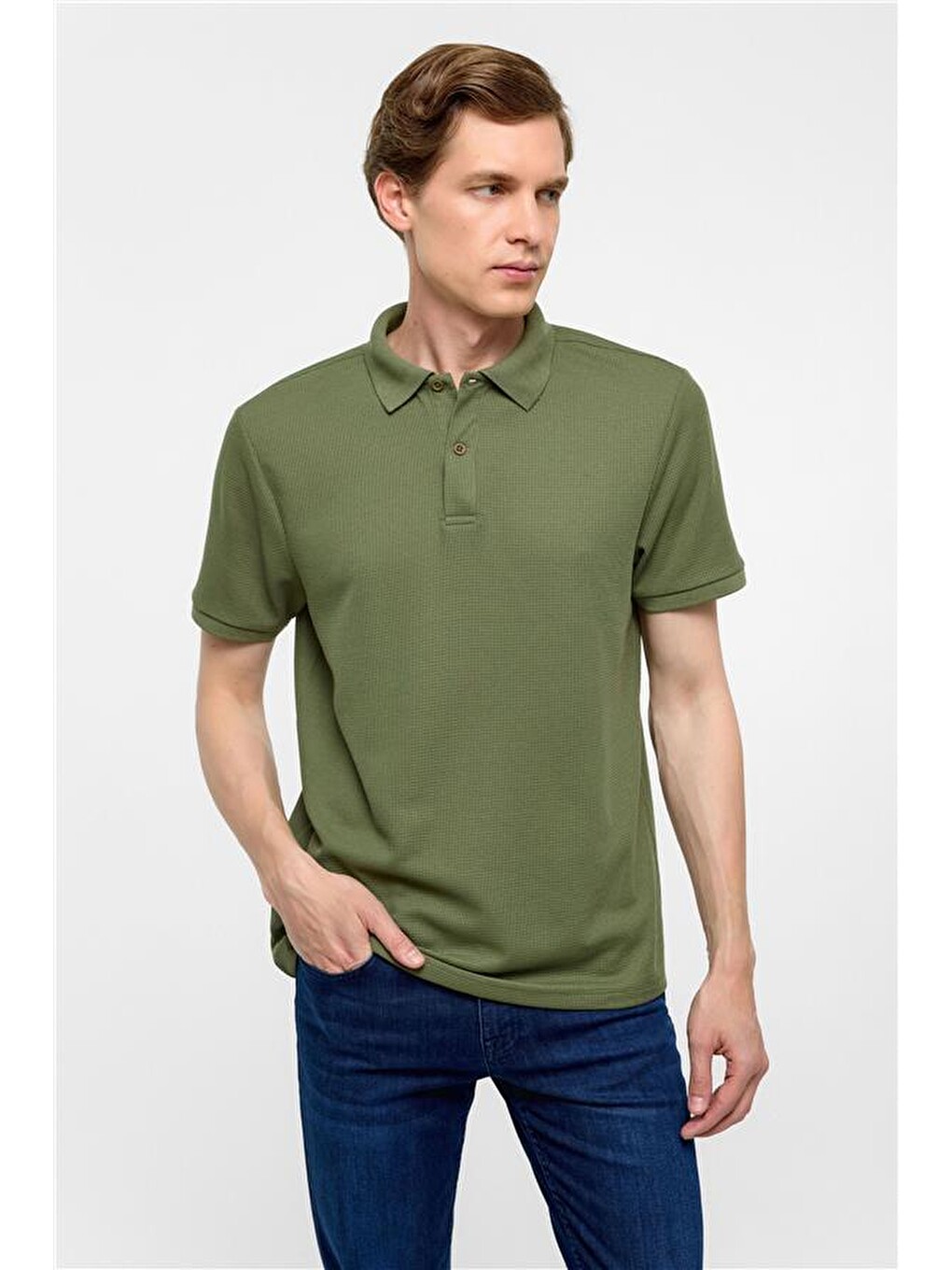 Haki Regular Armürlü Polo Yaka Tişört-1