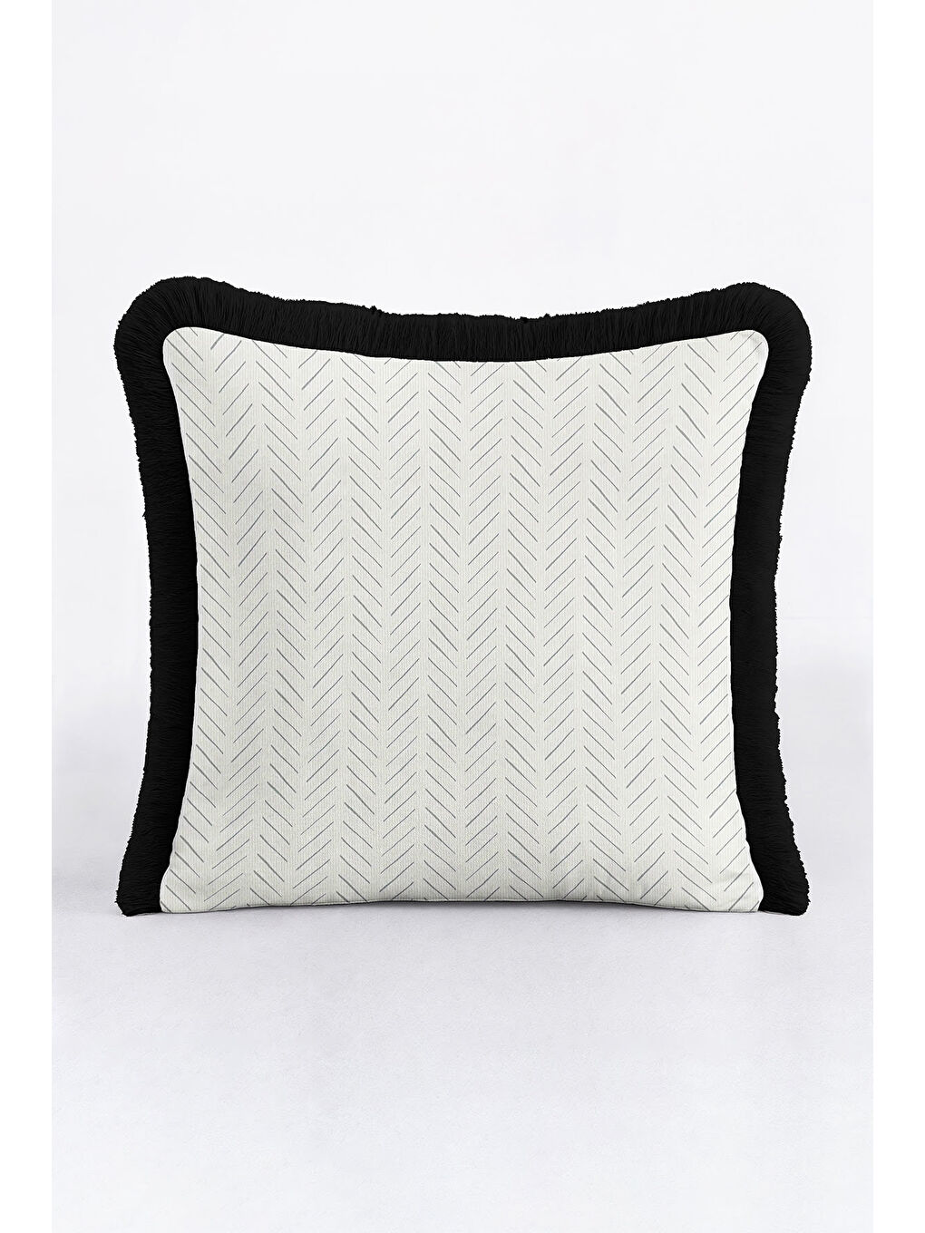 Karışık Zikzak Modern Saçaklı Yastık Kılıfı - Siyah Kenar Çizgili Monokrom Bohem Püsküllü Kırlent Kılıfı-2