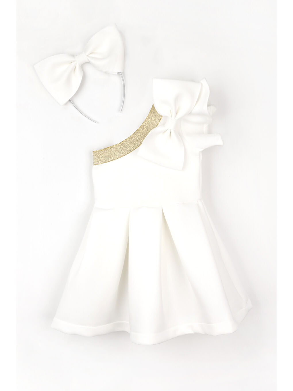 Ekru Fırfırlı Tek Omuzlu Fiyonk Detaylı Kız Çocuk Elbise - Mildred-2