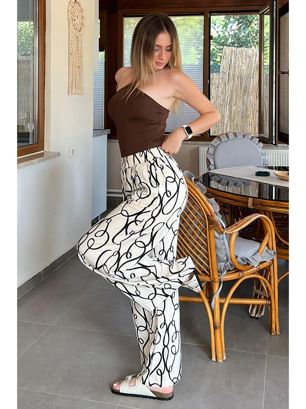 Ekru Desenli Beli Lastikli Bol Paça Pantolon Mg2051-1