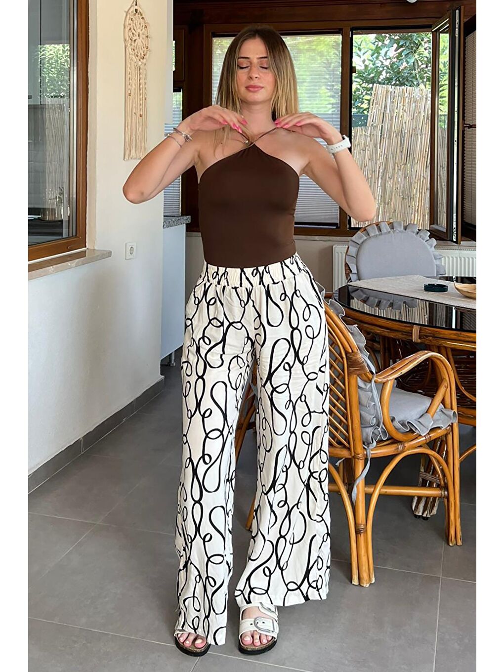 Ekru Desenli Beli Lastikli Bol Paça Pantolon Mg2051-3