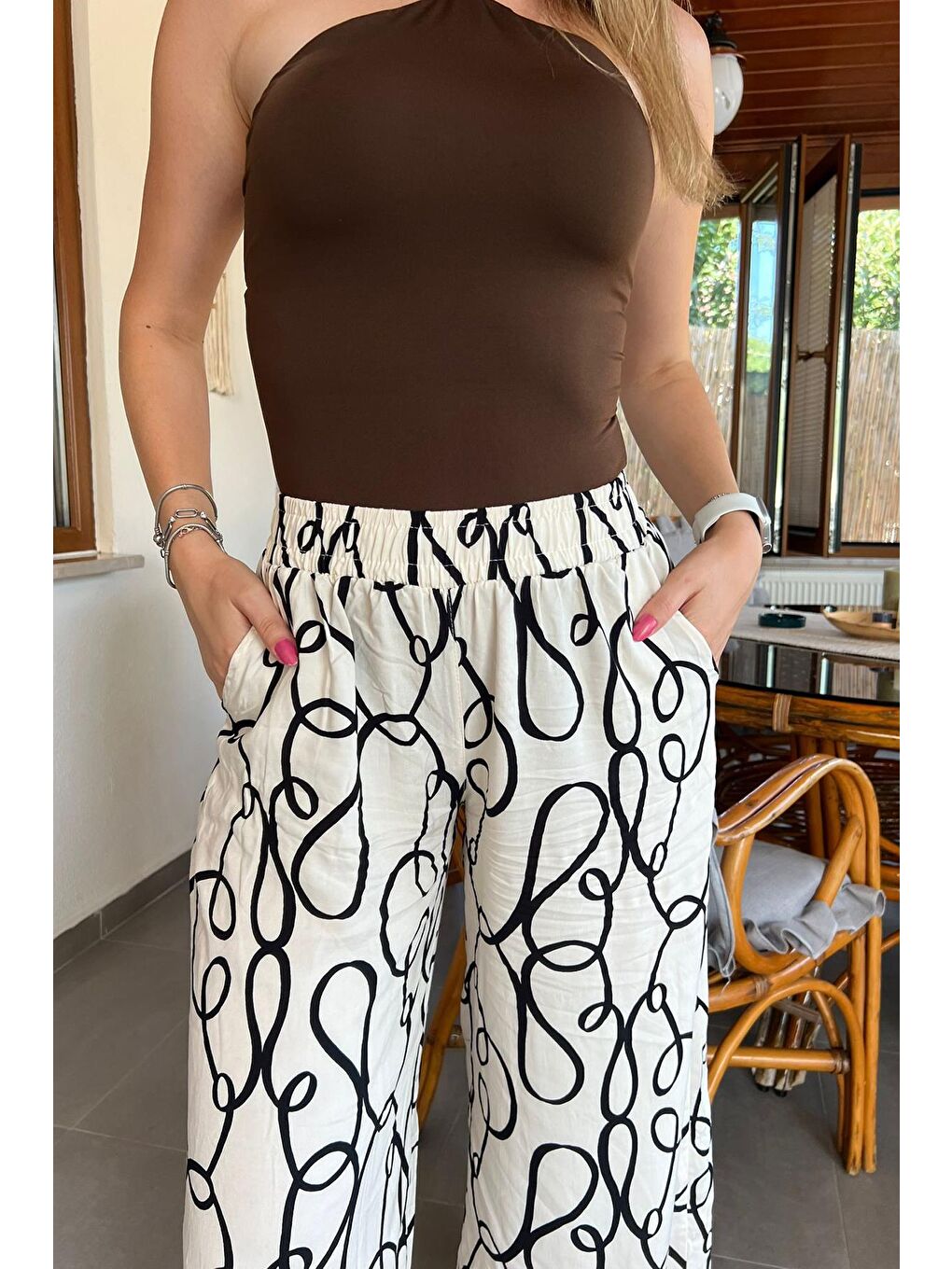 Ekru Desenli Beli Lastikli Bol Paça Pantolon Mg2051-4