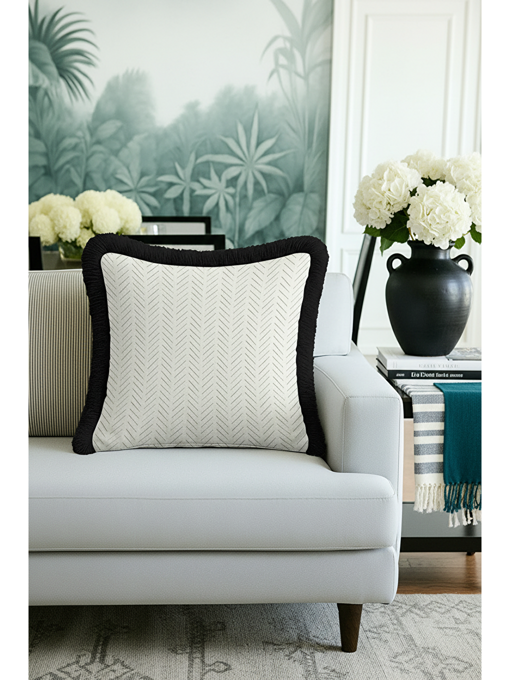 Karışık Zikzak Modern Saçaklı Yastık Kılıfı - Siyah Kenar Çizgili Monokrom Bohem Püsküllü Kırlent Kılıfı-4