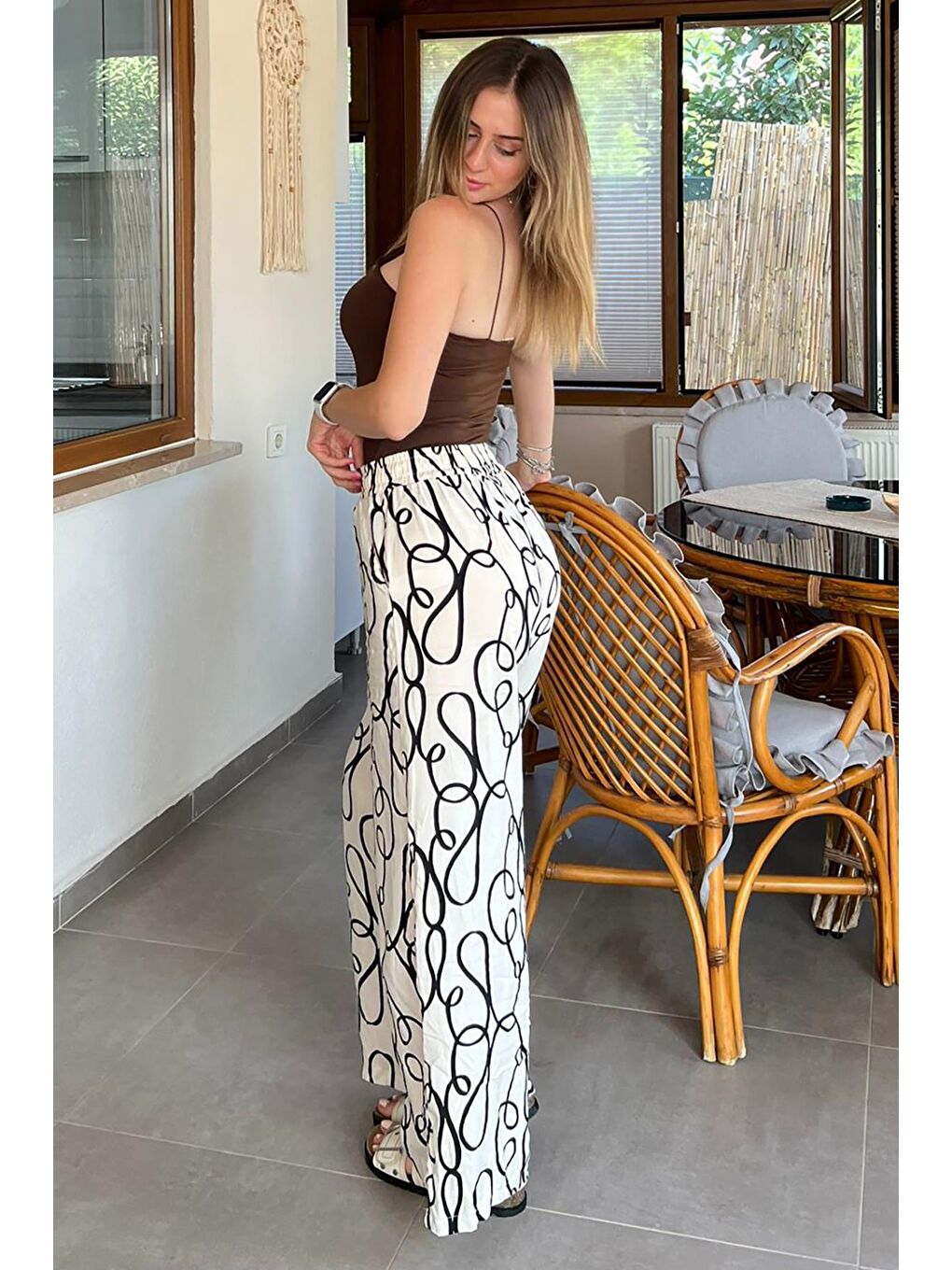 Ekru Desenli Beli Lastikli Bol Paça Pantolon Mg2051-5