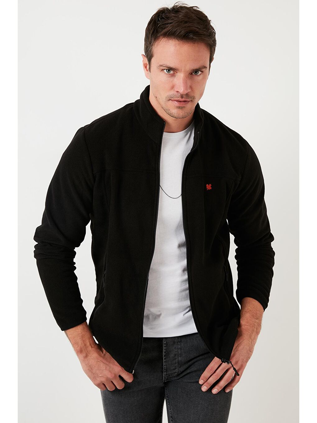 Siyah Dik Yaka Cepli  Kışlık Şardonlu Polar Fermuarlı Sweatshirt 5906004