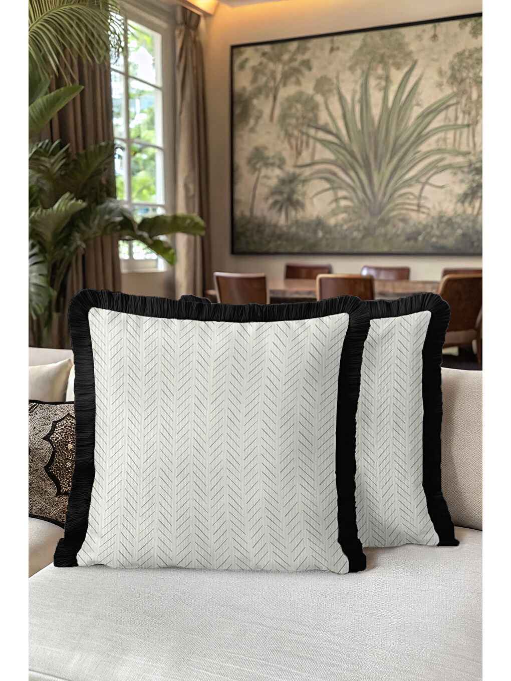 Karışık Zikzak Modern Saçaklı Yastık Kılıfı - Siyah Kenar Çizgili Monokrom Bohem Püsküllü Kırlent Kılıfı-5