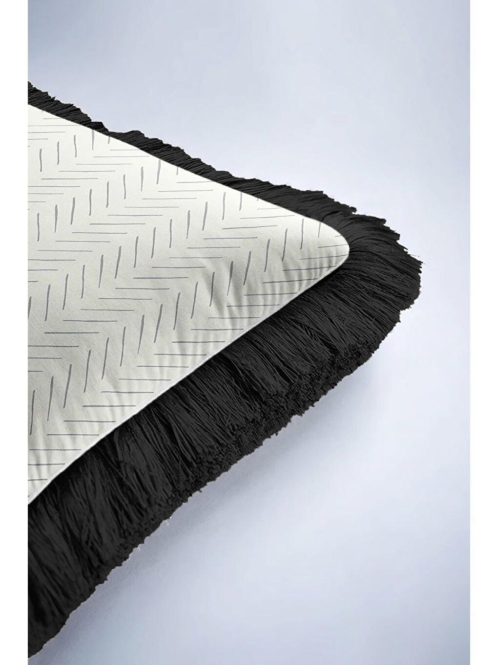 Karışık Zikzak Modern Saçaklı Yastık Kılıfı - Siyah Kenar Çizgili Monokrom Bohem Püsküllü Kırlent Kılıfı-6