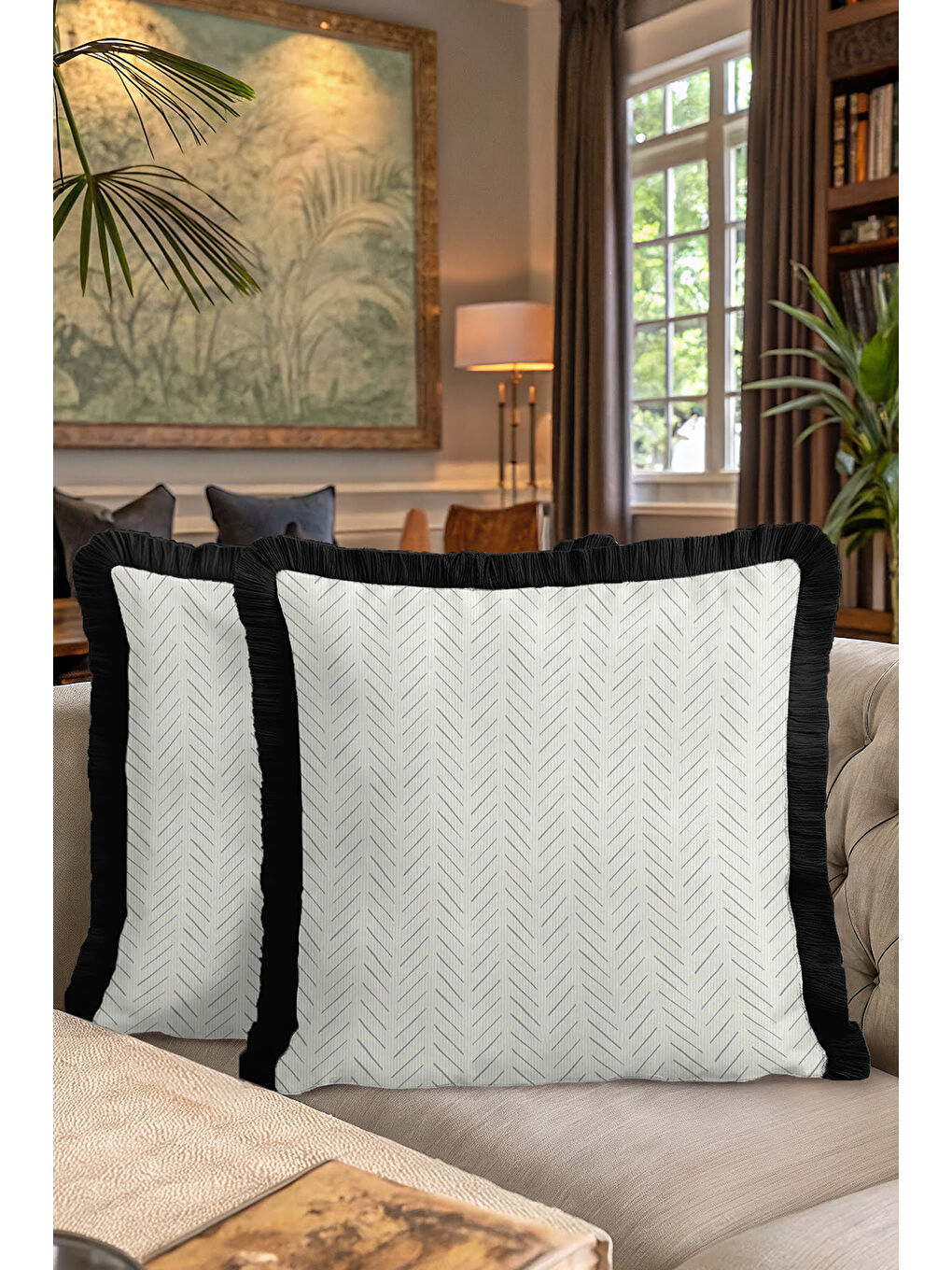 Karışık Zikzak Modern Saçaklı Yastık Kılıfı - Siyah Kenar Çizgili Monokrom Bohem Püsküllü Kırlent Kılıfı-7