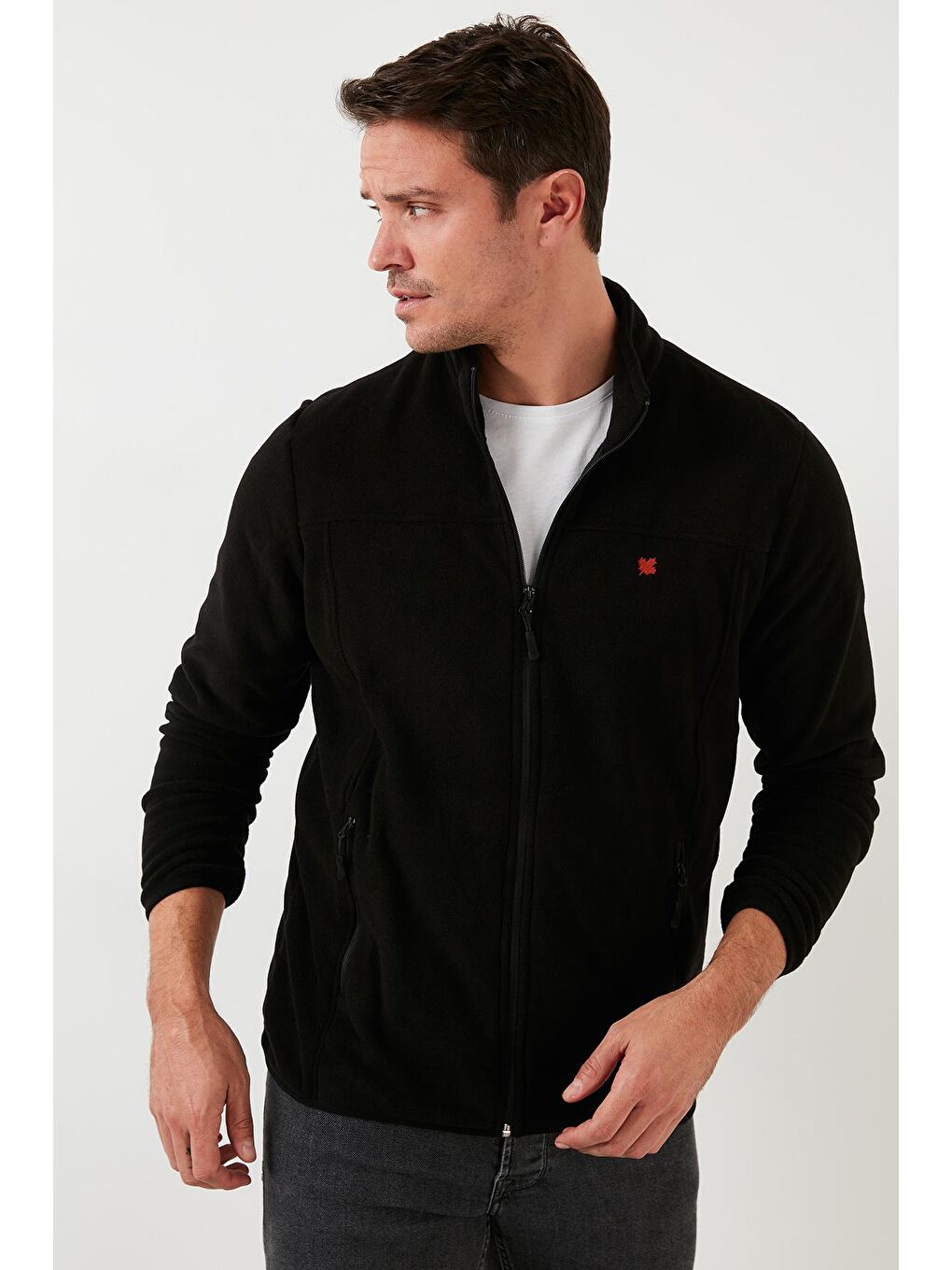 Siyah Dik Yaka Cepli  Kışlık Şardonlu Polar Fermuarlı Sweatshirt 5906004-3