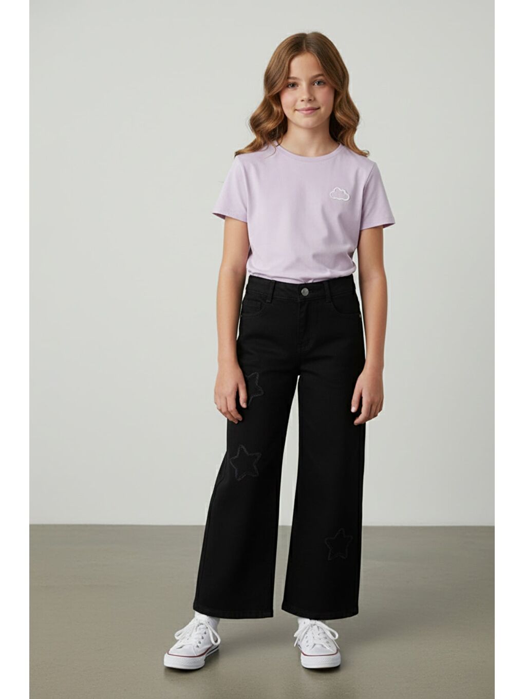 Siyah Yıldız Nakışlı Palazzo Kız Çocuk Pantolon-3