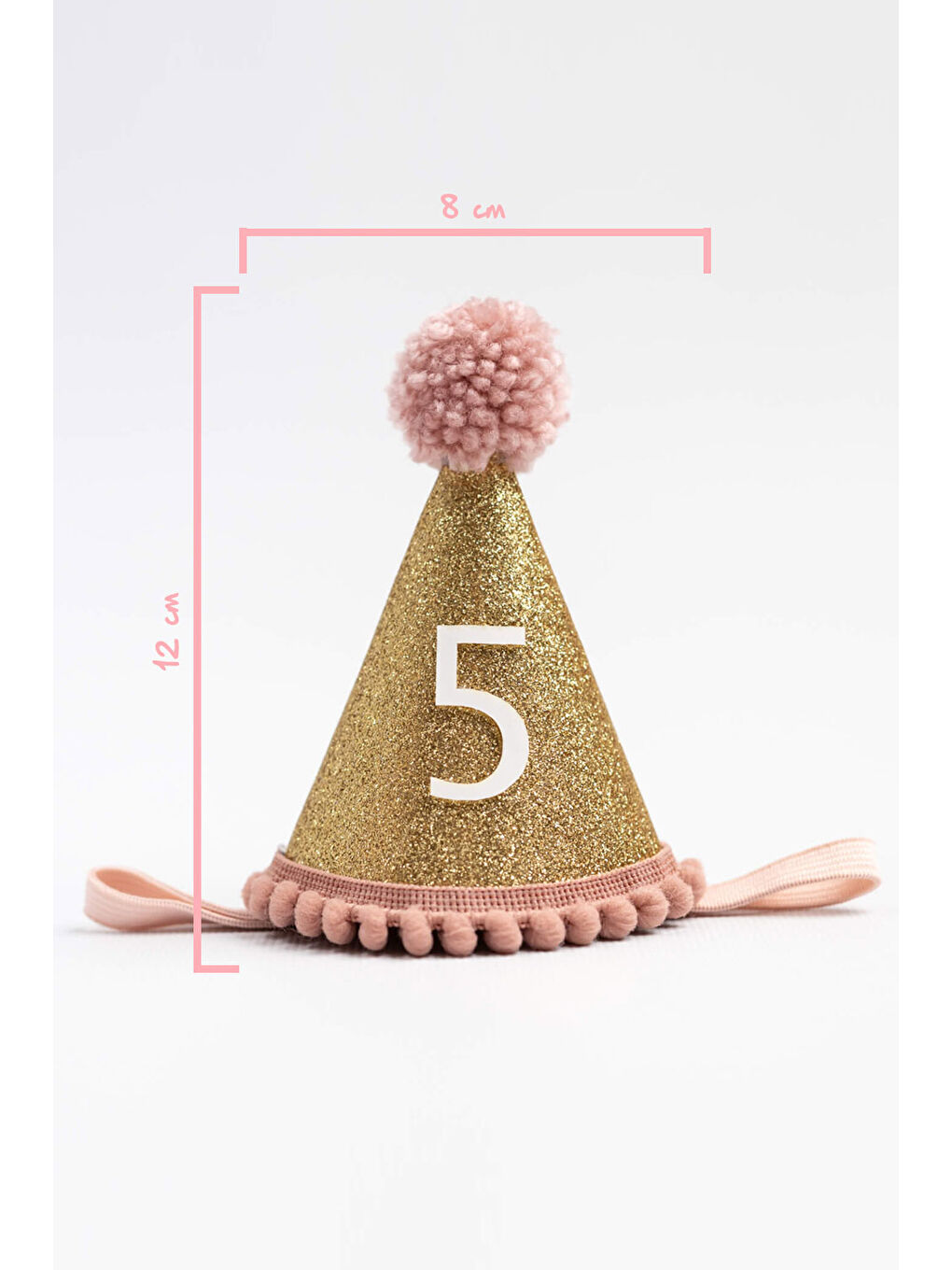 Pembe Gülkurusu 5 Yaş Ponponlu Huni Doğum Günü Tacı-1