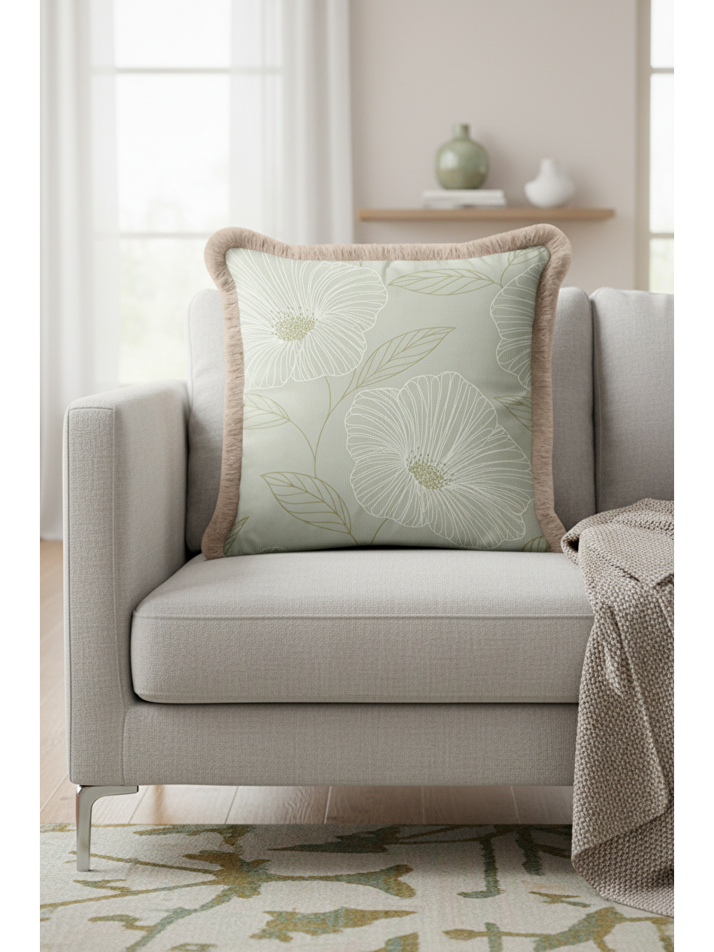 Karışık Çizgili Çiçek Motifi Saçaklı Yastık Kılıfı - Zarif Botanik Country Bej Yeşil Püsküllü Kırlent Kılıfı-1