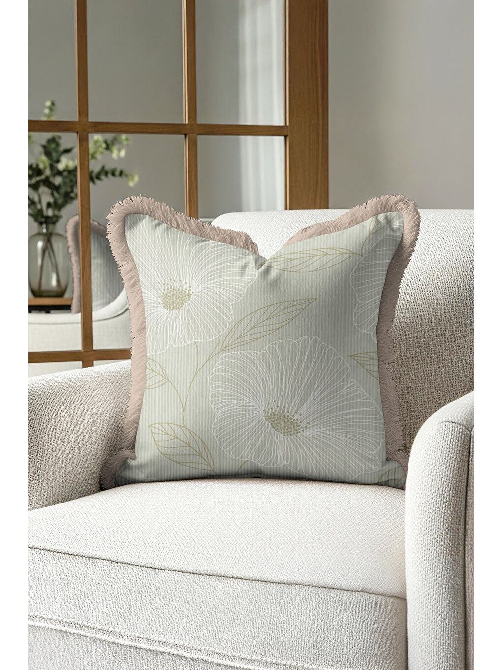 Karışık Çizgili Çiçek Motifi Saçaklı Yastık Kılıfı - Zarif Botanik Country Bej Yeşil Püsküllü Kırlent Kılıfı-2