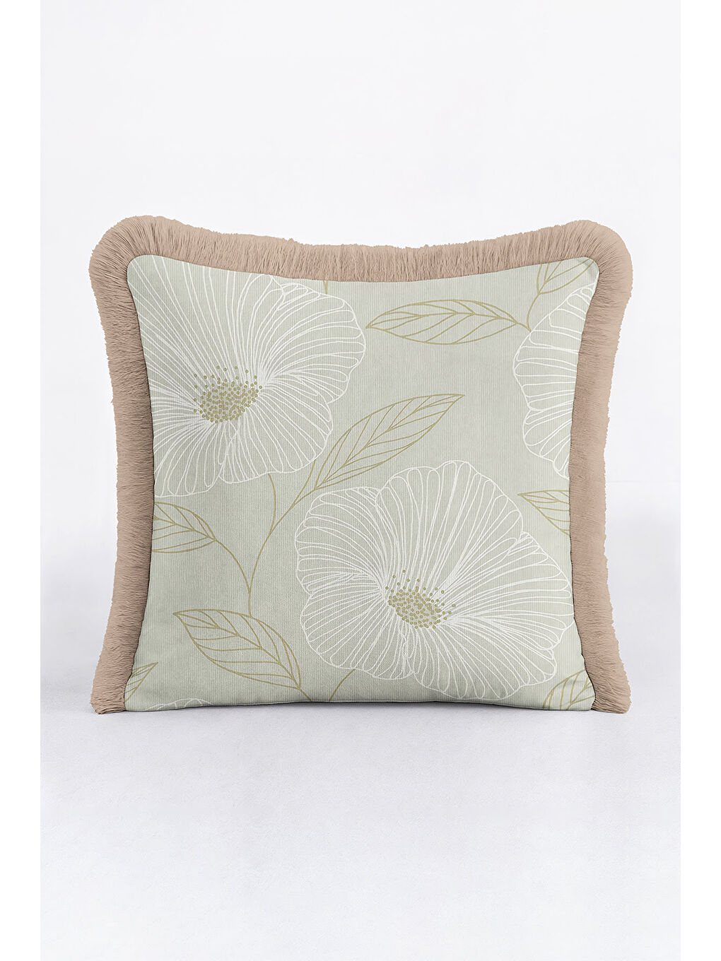 Karışık Çizgili Çiçek Motifi Saçaklı Yastık Kılıfı - Zarif Botanik Country Bej Yeşil Püsküllü Kırlent Kılıfı-3
