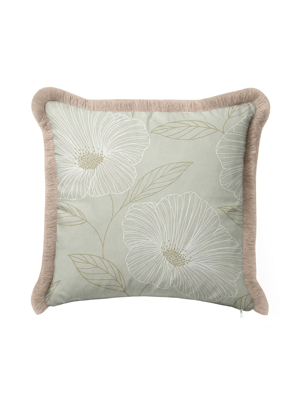 Karışık Çizgili Çiçek Motifi Saçaklı Yastık Kılıfı - Zarif Botanik Country Bej Yeşil Püsküllü Kırlent Kılıfı-4