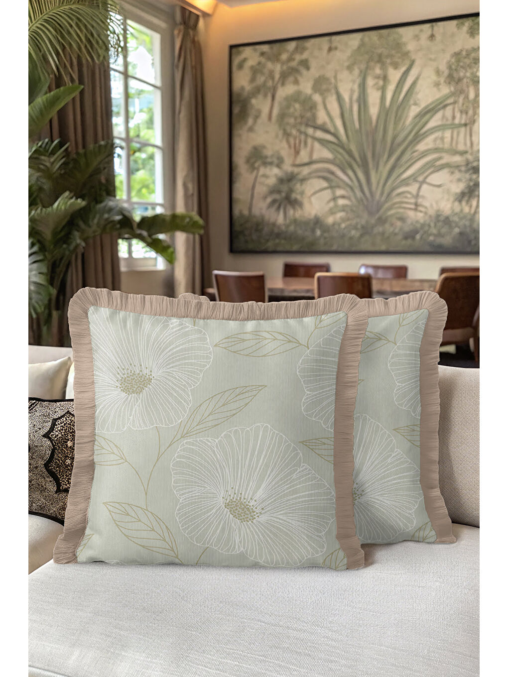Karışık Çizgili Çiçek Motifi Saçaklı Yastık Kılıfı - Zarif Botanik Country Bej Yeşil Püsküllü Kırlent Kılıfı-5