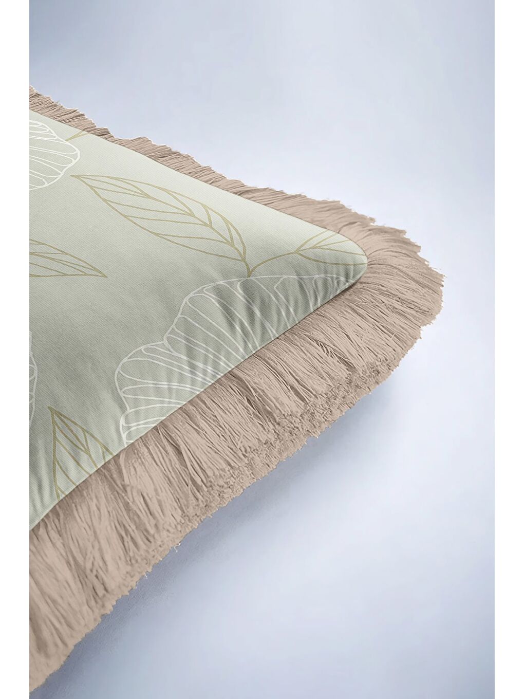 Karışık Çizgili Çiçek Motifi Saçaklı Yastık Kılıfı - Zarif Botanik Country Bej Yeşil Püsküllü Kırlent Kılıfı-6