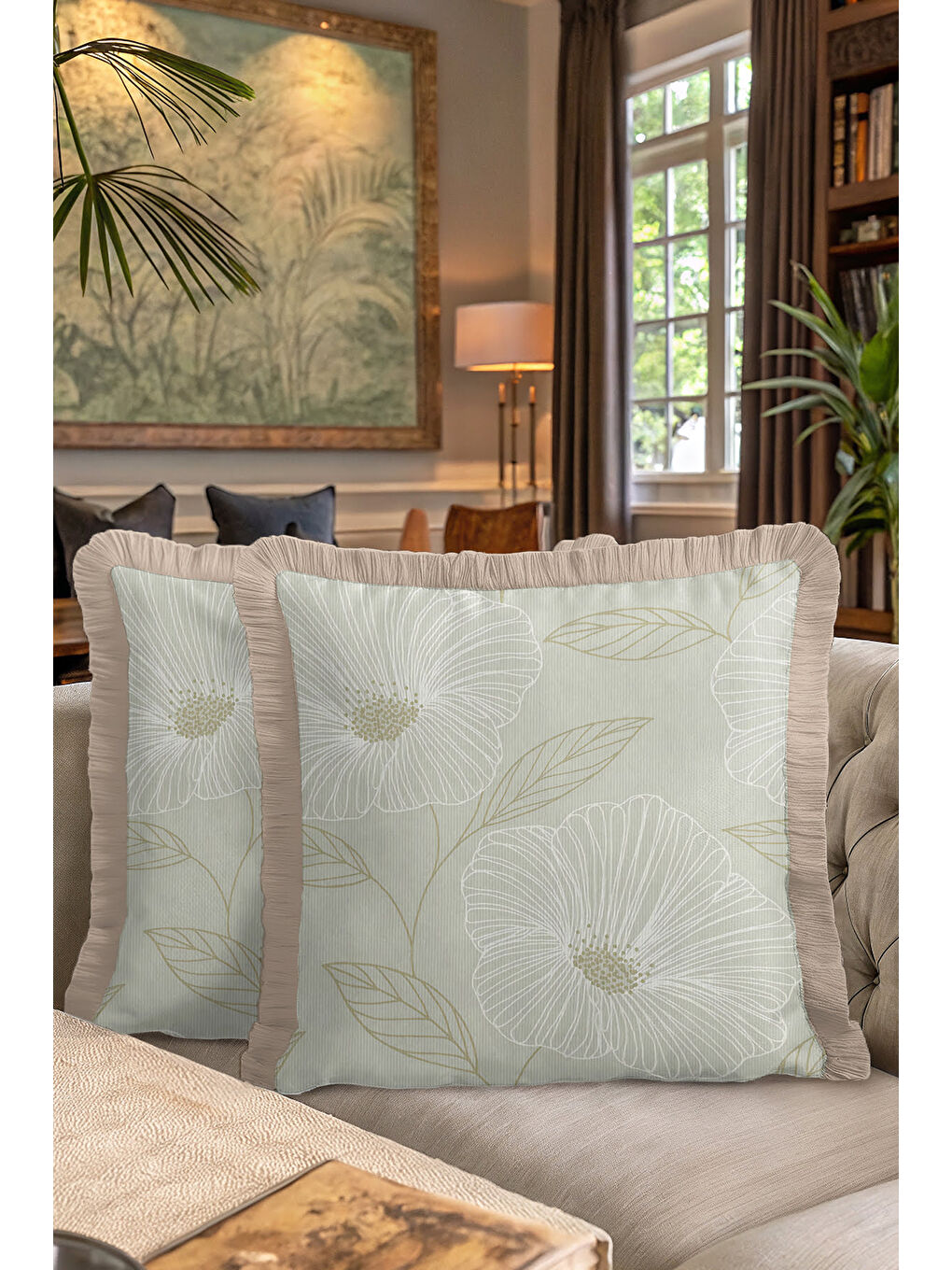 Karışık Çizgili Çiçek Motifi Saçaklı Yastık Kılıfı - Zarif Botanik Country Bej Yeşil Püsküllü Kırlent Kılıfı-7