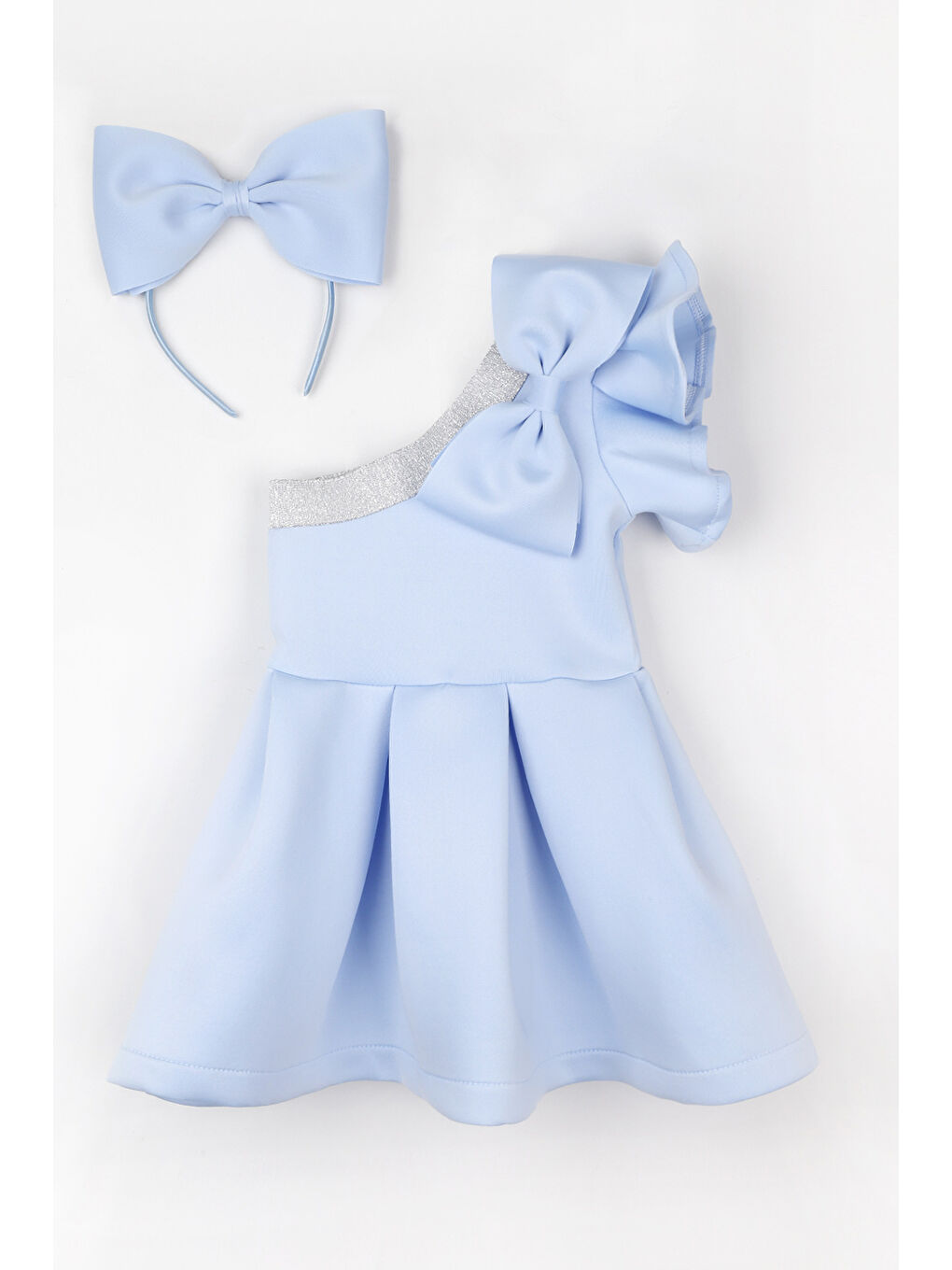 Mavi Fırfırlı Tek Omuzlu Fiyonk Detaylı Kız Çocuk Elbise - Mildred-2