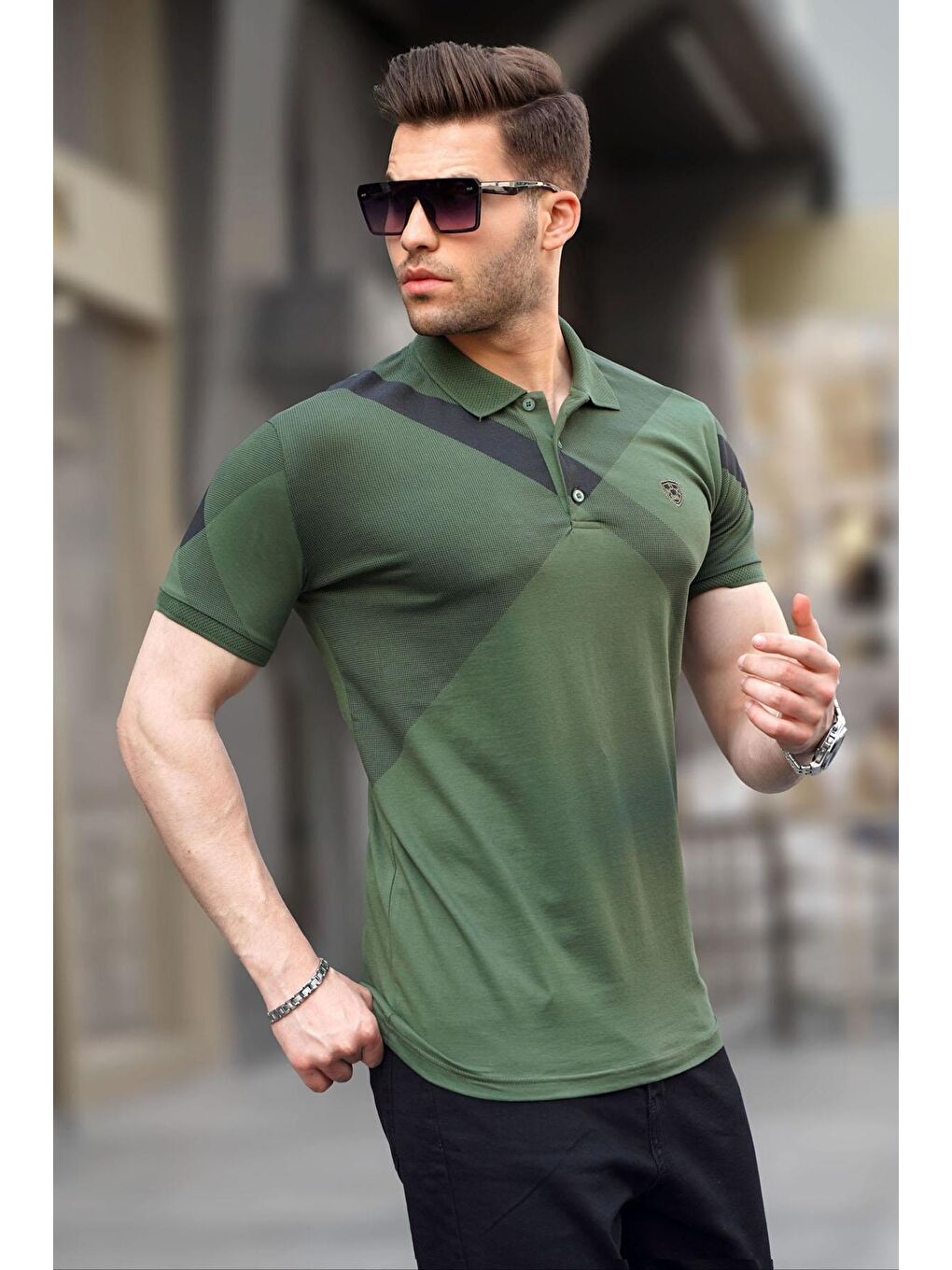 Madmext Haki Desenli Polo Yaka Erkek Tişört 6081