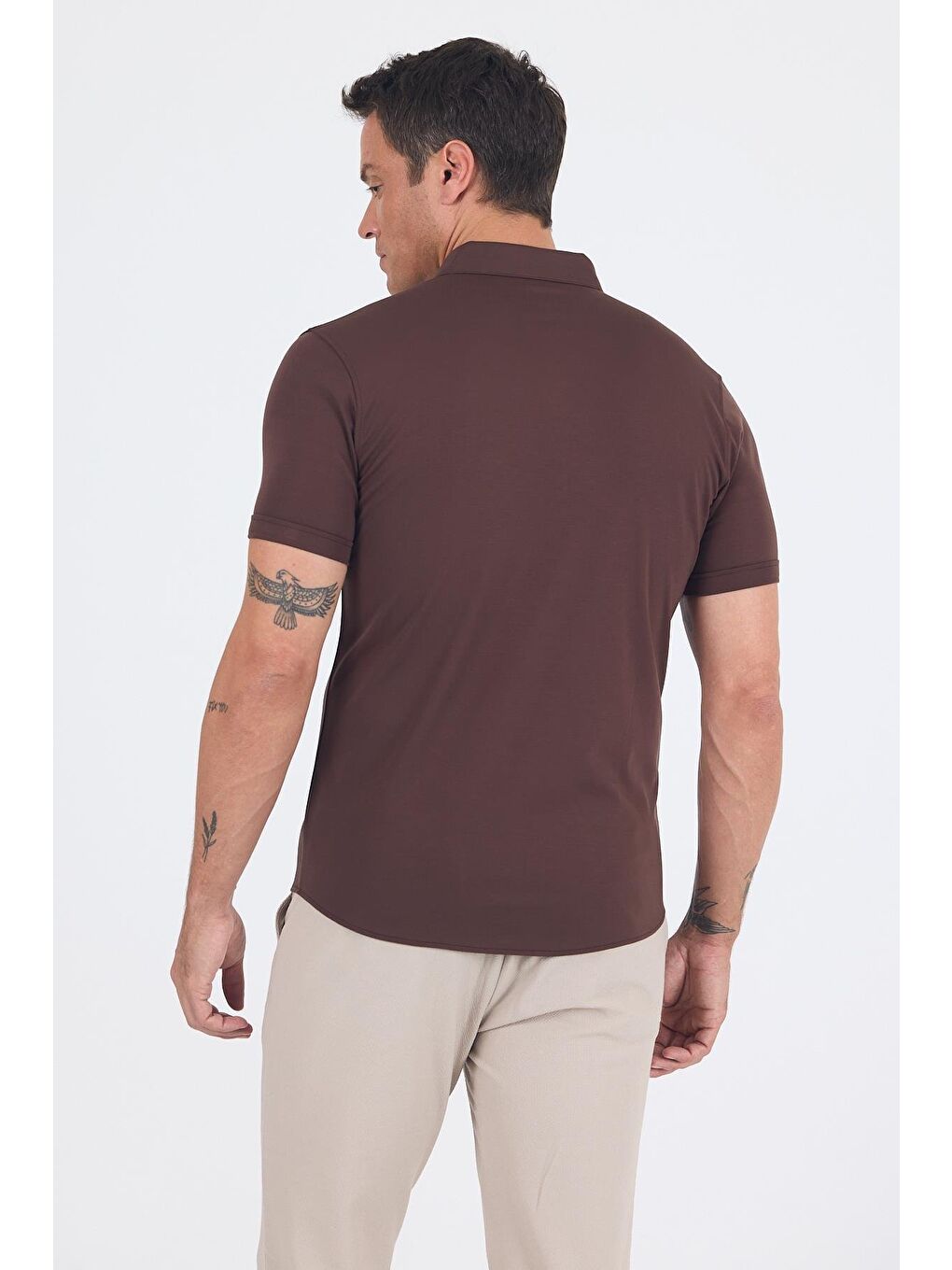 Koyu Kahverengi İtalyan Düğmeli Yaka Kısa Kol Cepsiz Slim Fit Büyük Beden Gömlek 1004250255-4