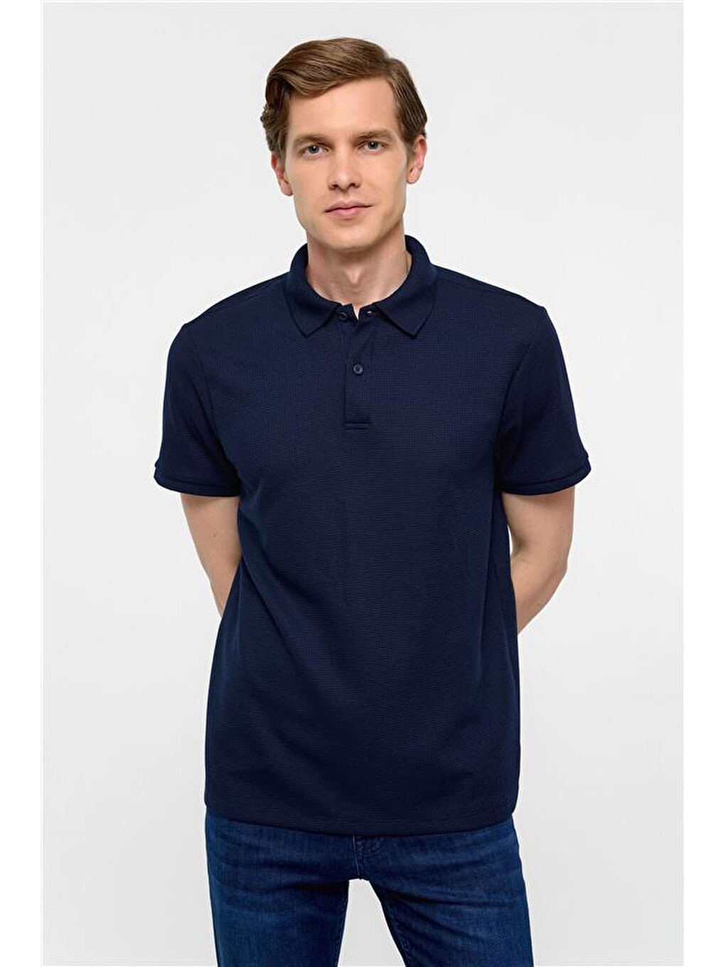 Lacivert Regular Armürlü Polo Yaka Tişört-1
